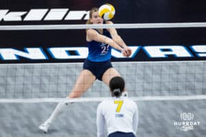 Omaha Supernovas Lindsay Krause (22) passes the ball against San Diego Mojo during a professional volleyball match, Sunday, January 19, 2025, in Omaha, Nebraska. Photo by John S. Peterson.