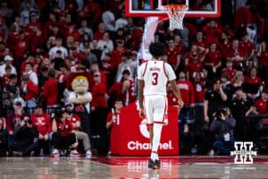 Nebraska Cornhuskers guard Brice Williams (3) walks down the court against the USC Trojans during a college basketball game, Wednesday, January 22, 2025, in Lincoln, Nebraska. Photo by John S. Peterson.