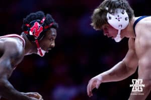 Nebraska's Antrell Taylor faces off with Penn State's Tyler Kasak at 157lbs during a college wrestling match, Friday, January 17, 2025, in Lincoln, Nebraska. Photo by John S. Peterson.