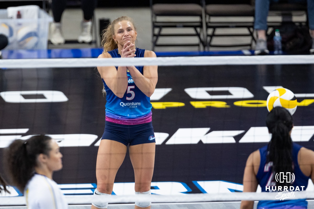 maha Supernovas Brooke Nuneviller (5) reacts to a missed point against San Diego Mojo during a professional volleyball match, Sunday, January 19, 2025, in Omaha, Nebraska. Photo by John S. Peterson.