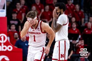 Nebraska Cornhuskers guard Sam Hoiberg (1) holds his face after a collision going after the ball against the USC Trojans during a college basketball game, Wednesday, January 22, 2025, in Lincoln, Nebraska. Photo by John S. Peterson.