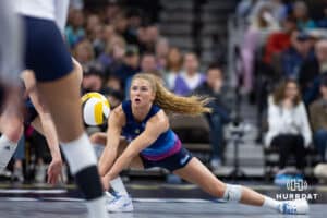 Omaha Supernovas Brooke Nuneviller (5) digds the ball against the San Diego Mojo during a professional volleyball match, Sunday, January 19, 2025, in Omaha, Nebraska. Photo by John S. Peterson.