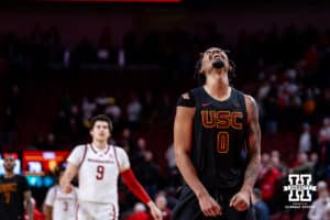 USC Trojans forward and former Millard North player Saint Thomas (0) celebrates the win over the Nebraska Cornhuskers during a college basketball game, Wednesday, January 22, 2025, in Lincoln, Nebraska. Photo by John S. Peterson.