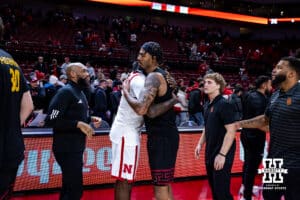 Nebraska Cornhuskers forward Juwan Gary (4) and USC Trojans forward Saint Thomas (0) hug after a college basketball game, Wednesday, January 22, 2025, in Lincoln, Nebraska. Photo by John S. Peterson.