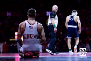 Nebraska's Bubba Wilson takes a pause after the match against Penn State's Mitchell Mesenbrink at 165lbs during a college wrestling match, Friday, January 17, 2025, in Lincoln, Nebraska. Photo by John S. Peterson.