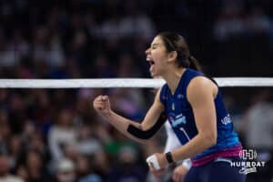 Omaha Supernovas Natalia Valentin-Anderson (1) celebrates a point late in the match against San Diego Mojo during a professional volleyball match, Sunday, January 19, 2025, in Omaha, Nebraska. Photo by John S. Peterson.