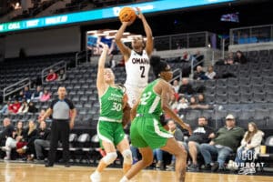 Omaha Mavericks Lauren Perry gets fouled during a college basketball game against North Dakota on January 2nd, 2025 in Omaha Nebraska. Photo by Brandon Tiedemann.