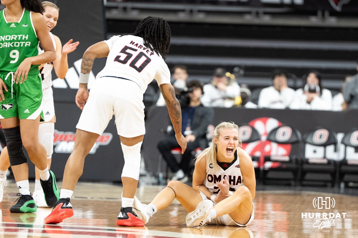 Omaha Mavericks Grace Cave celebrates after drawing a foul during a college basketball game against North Dakota on January 2nd, 2025 in Omaha Nebraska. Photo by Brandon Tiedemann.