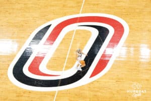 Omaha Mavericks Grace Cave pushes the ball up court during a college basketball game against North Dakota on January 2nd, 2025 in Omaha Nebraska. Photo by Brandon Tiedemann.