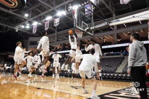 Omaha Mavericks players before a college basketball game against Kansas City on January 8th, 2025 in Omaha Nebraska. Photo by Brandon Tiedemann.