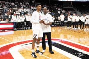 Omaha Mavericks Marquel Sutton being honored for his 1,000 points scored in his career before a college basketball game against Kansas City on January 8th, 2025 in Omaha Nebraska. Photo by Brandon Tiedemann.