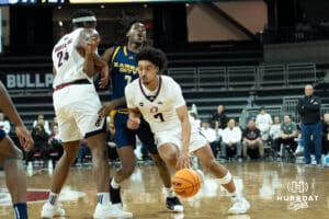 Omaha Mavericks Lance Waddles drives to the hoop during a college basketball game against Kansas City on January 8th, 2025 in Omaha Nebraska. Photo by Brandon Tiedemann.