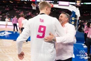 Creighton Bluejays Ty Davis embraces a family member before a college basketball game against Seton Hall on January 25th, 2025 in Omaha Nebraska. Photo by Brandon Tiedemann.