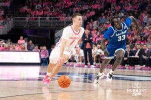 Creighton Bluejays Steven Ashworth pushes the ball during a college basketball game against Seton Hall on January 25th, 2025 in Omaha Nebraska. Photo by Brandon Tiedemann.