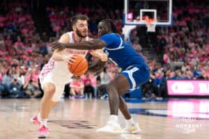 Creighton Bluejays Fedor Žugić drives past a defnder during a college basketball game against Seton Hall on January 25th, 2025 in Omaha Nebraska. Photo by Brandon Tiedemann.