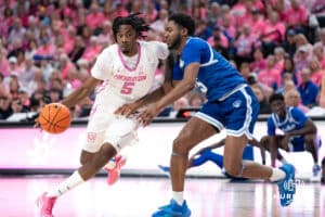 Creighton Bluejays Jamiya Neal looks to push the ball during a college basketball game against Seton Hall on January 25th, 2025 in Omaha Nebraska. Photo by Brandon Tiedemann.