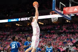 Creighton Bluejays Ryan Kalkbrenner catches a lob during a college basketball game against Seton Hall on January 25th, 2025 in Omaha Nebraska. Photo by Brandon Tiedemann.