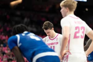 Creighton Bluejays Ryan Kalkbrenner waits to shoot a free throw during a college basketball game against Seton Hall on January 25th, 2025 in Omaha Nebraska. Photo by Brandon Tiedemann.