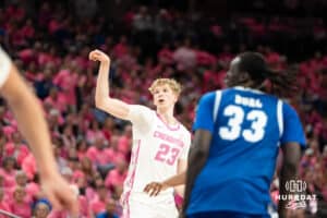 Creighton Bluejays Jackson McAndrews after a missed three pointer during a college basketball game against Seton Hall on January 25th, 2025 in Omaha Nebraska. Photo by Brandon Tiedemann.