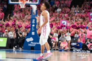 Creighton Bluejays Jasen Green celebrates a three pointer during a college basketball game against Seton Hall on January 25th, 2025 in Omaha Nebraska. Photo by Brandon Tiedemann.