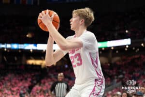 Creighton Bluejays Jackson McAndrew looks to shoot during a college basketball game against Seton Hall on January 25th, 2025 in Omaha Nebraska. Photo by Brandon Tiedemann.