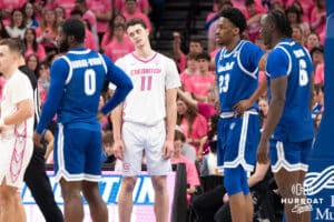 Creighton Bluejays Ryan Kalkbrenner after a foul during a college basketball game against Seton Hall on January 25th, 2025 in Omaha Nebraska. Photo by Brandon Tiedemann.