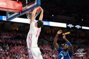 Creighton Bluejays Ryan Kalkbrenner dunks during a college basketball game against Seton Hall on January 25th, 2025 in Omaha Nebraska. Photo by Brandon Tiedemann.