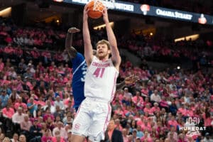 Creighton Bluejays Isaac Traudt looks to shoot a layup during a college basketball game against Seton Hall on January 25th, 2025 in Omaha Nebraska. Photo by Brandon Tiedemann.