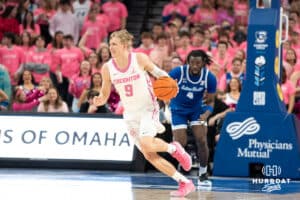 Creighton Bluejays Ty Davis looks to push the ball up court during a college basketball game against Seton Hall on January 25th, 2025 in Omaha Nebraska. Photo by Brandon Tiedemann.