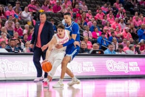 Creighton Bluejays Sami Osmani gets fouled by a defender during a college basketball game against Seton Hall on January 25th, 2025 in Omaha Nebraska. Photo by Brandon Tiedemann.