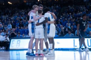 Creighton Bluejays before a college basketball game against Xavier on January 29th, 2025 in Omaha Nebraska. Photo by Brandon Tiedemann.