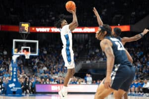 Creighton Bluejays Jamiya Neal shoots a contested jumpshot during a college basketball game against Xavier on January 29th, 2025 in Omaha Nebraska. Photo by Brandon Tiedemann.