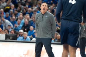 Xavier head coach Sean Miller during a college basketball game against Creighton on January 29th, 2025 in Omaha Nebraska. Photo by Brandon Tiedemann.