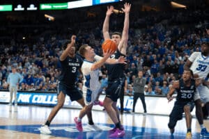 Creighton Bluejay Steven Ashworth looks to create a shot during a college basketball game against Xavier on January 29th, 2025 in Omaha Nebraska. Photo by Brandon Tiedemann.