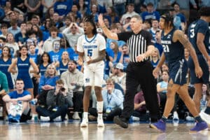 Creighton Bluejays Jamiya Neal after a foul during a college basketball game against Xavier on January 29th, 2025 in Omaha Nebraska. Photo by Brandon Tiedemann.