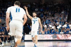 Creighton Bluejays Fedor Žugić celebrates during a college basketball game against Xavier on January 29th, 2025 in Omaha Nebraska. Photo by Brandon Tiedemann.