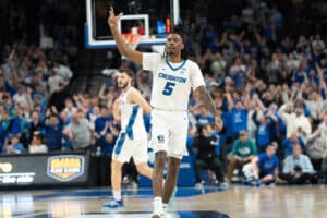 Creighton Bluejays Jamiya Neal celebrates during a college basketball game against Xavier on January 29th, 2025 in Omaha Nebraska. Photo by Brandon Tiedemann.