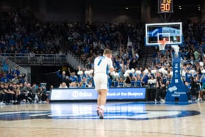 Creighton Bluejays Steven Ashworth celebrates after a game sealing shot during a college basketball game against Xavier on January 29th, 2025 in Omaha Nebraska. Photo by Brandon Tiedemann.