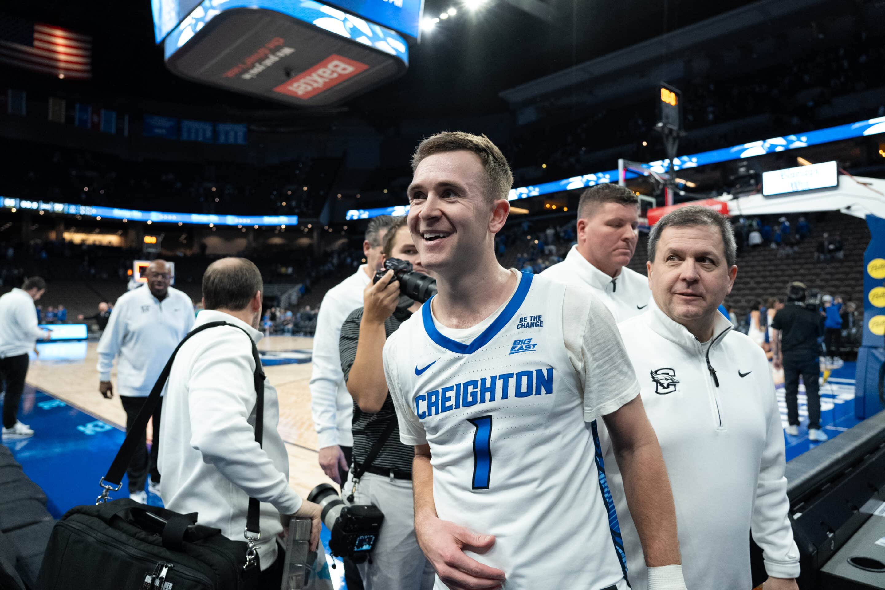 Creighton Bluejays Steven Ashworth smiles after a win in a college basketball game against Xavier on January 29th, 2025 in Omaha Nebraska. Photo by Brandon Tiedemann.