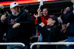 Omaha Maverick fan celebrating the score during a hockey match at Baxter Arena on Saturday, January 25, 2025, in Omaha, Nebraska. Photo by Collin Stilen.