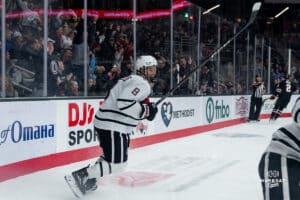 Omaha Maverick Marcus Broberg celebrating a point during a hockey match at Baxter Arena on Saturday, January 25, 2025, in Omaha, Nebraska. Photo by Collin Stilen.