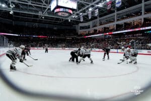 Omaha Mavericks at the faceoff during a hockey match at Baxter Arena on Saturday, January 25, 2025, in Omaha, Nebraska. Photo by Collin Stilen.