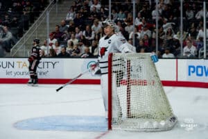 Omaha Maverick Goalkeeper Simon Latkoczy takes a breath after a save during a hockey match at Baxter Arena on Saturday, January 25, 2025, in Omaha, Nebraska. Photo by Collin Stilen.