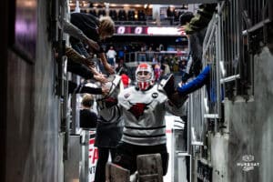 Omaha Maverick fans give thanks to the keeper during a hockey match at Baxter Arena on Saturday, January 25, 2025, in Omaha, Nebraska. Photo by Collin Stilen.