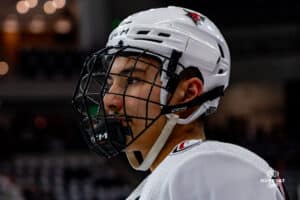 Omaha Maverick Alexi Van Houtte-Cachero focuses in during a hockey match at Baxter Arena on Saturday, January 25, 2025, in Omaha, Nebraska. Photo by Collin Stilen.