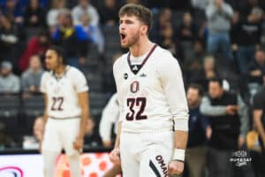 Omaha Maverick Tony Osburn comes out to celebrate their team ending a great first half during a basketball game at Baxter Arena on January 11th, 2025 in Omaha Nebraska. Photo by Collin Stilen.