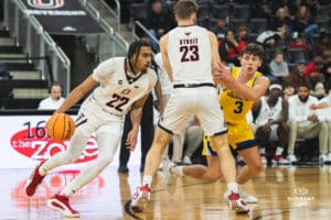 Omaha Maverick Kamryn Thomas takes a drive during a basketball game at Baxter Arena on January 11th, 2025 in Omaha Nebraska. Photo by Collin Stilen.