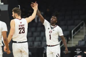 Omaha Maverick JJ White celebrates the point during a basketball game at Baxter Arena on January 11th, 2025 in Omaha Nebraska. Photo by Collin Stilen.