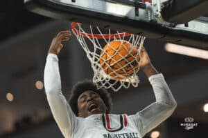 A pregame dunk during a basketball game at Baxter Arena on January 11th, 2025 in Omaha Nebraska. Photo by Collin Stilen.