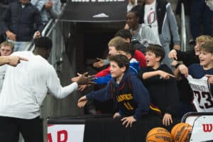 Group of kids loving the performance from Omaha Men's Basketball during a basketball game at Baxter Arena on January 11th, 2025 in Omaha Nebraska. Photo by Collin Stilen.